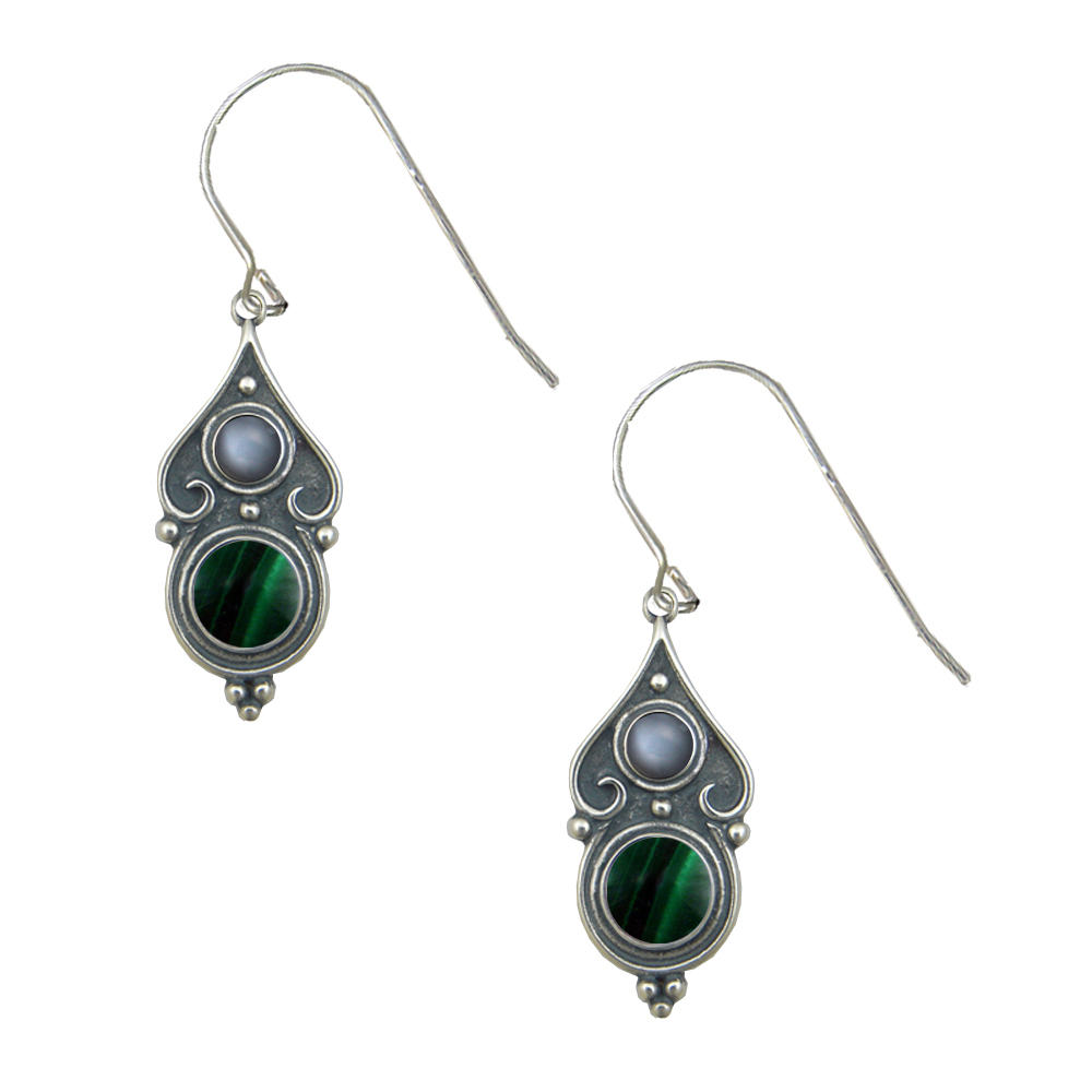 Sterling Silver Designer Post Stud Earrings With Malachite And Grey Moonstone